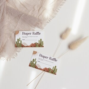 Diaper raffle con stile boho con cactus e deserto, her comes the son, tema sole, da stampare, editabile con Corjl