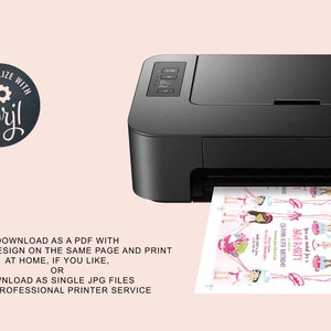 May include: A black printer with a sheet of paper coming out of it. The paper has a pink and white design with the text "You are invited to a Spa Party celebrating [Name]'s 8th Birthday".