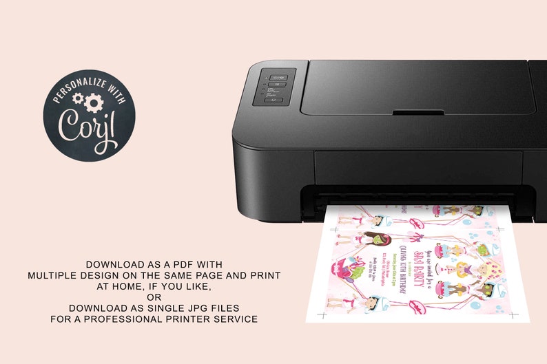 May include: A black printer with a sheet of paper coming out of it. The paper has a pink and white design with the text "You are invited to a Spa Party celebrating [Name]'s 8th Birthday".