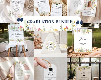 Graduation templates  Bundle, wildflowers graduation party set, invitation, thank you photo card, advice card, favor tag, welcome sign
