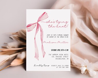 May include: A pink watercolor bow with the text "she's tying the knot!" on a white card. The card also includes the text "Join us for a bridal shower in honor of the bride-to-be Madison Miller" and details for the event, including the date, time, location, and RSVP information.