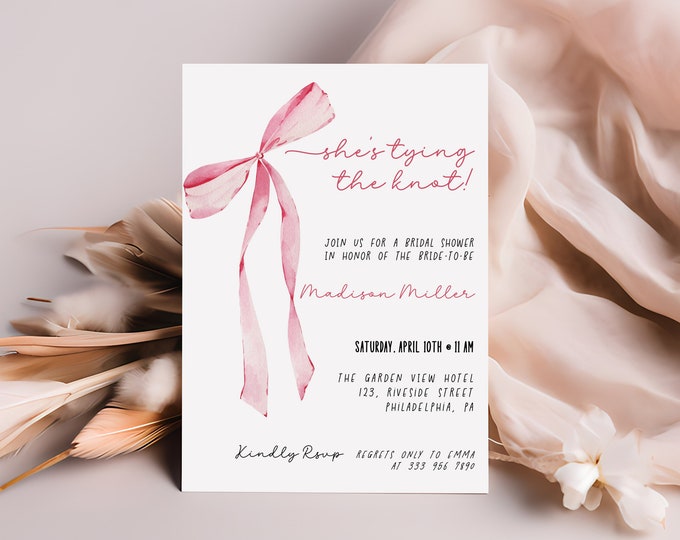 Featured listing image: Bridal Shower Pink Bow Invitation, She is tying the knot, coquette pink ribbon wedding shower invite template AA053