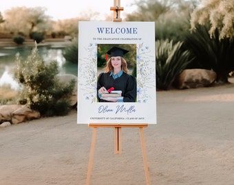 Graduation Welcome Sign, Photo Graduation Poster,  Blue Floral Graduation, College, High School, Graduation Party template