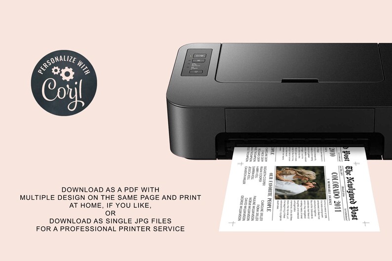 May include: A black printer with a sheet of paper coming out of it. The paper has a newspaper design with a photo of a couple and the text "The Newlywed Post" and "Colorado 2011". The text "PERSONALIZE WITH Coryl" is in a circle with gears in the upper left corner of the image.