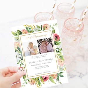 50th Wedding Anniversary Photo Invitation, editable year, Floral Elegant Wedding Anniversary printable, 2 photos, 60th Anniversary