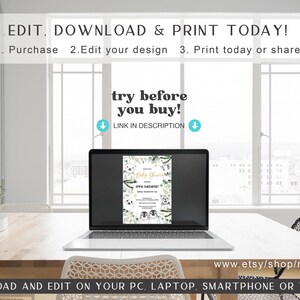 May include: A laptop computer displaying a printable baby shower invitation with a green and gold color scheme and a woodland animal theme. The invitation features a text box for the baby's name and the text "Baby Shower" and "RSVP". The invitation is displayed on a white background.