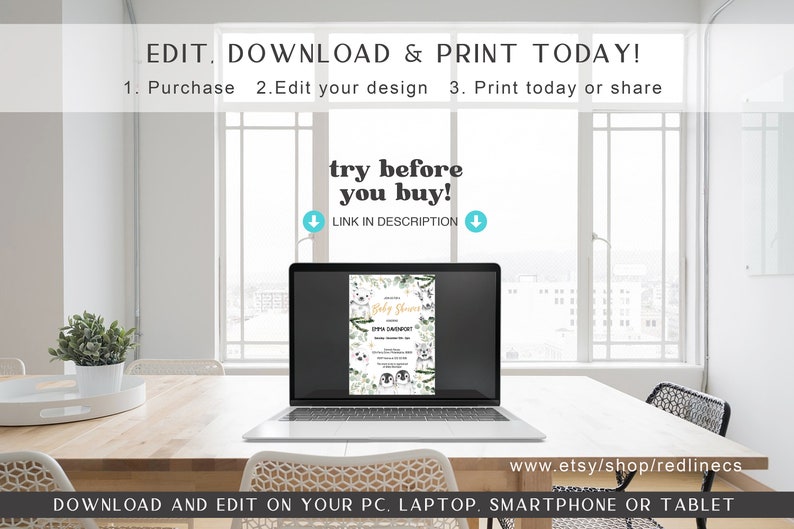 May include: A laptop computer displaying a printable baby shower invitation with a green and gold color scheme and a woodland animal theme. The invitation features a text box for the baby's name and the text "Baby Shower" and "RSVP". The invitation is displayed on a white background.