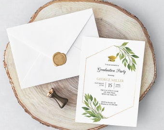 Greenery Graduation Party invitation card with succulents, Graduation party invite template, instant download editable PDF