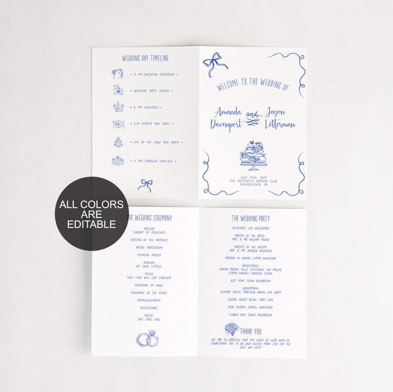 Whimsical Wedding Program Template, change colors, Wedding Day Program, Editable unique Wedding Day Program, wedding timeline, quirky AA045 image 3