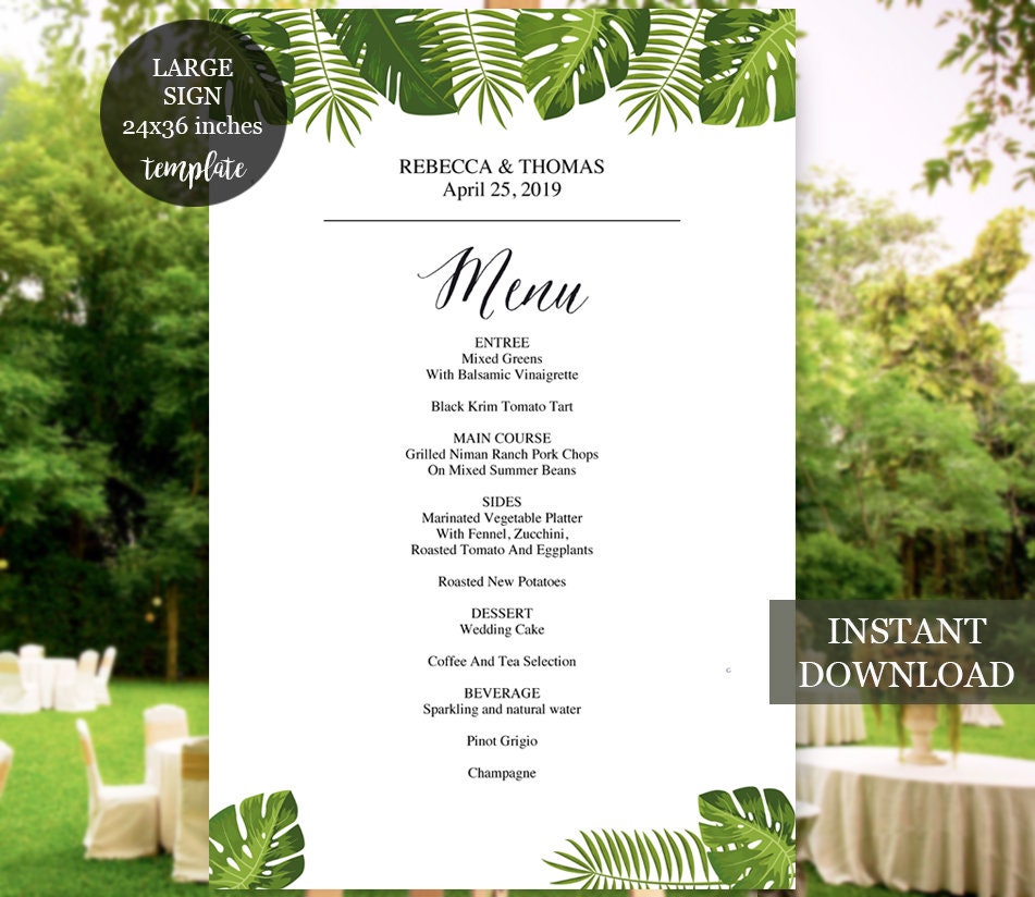 Large Menu Sign For Tropical Wedding And Dinner Party Instant Download Template Pdf Editable File Tpc