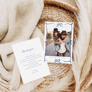 Wedding Thank you photo card template, hand drawn bow wedding keepsake, double sided personalized letter, whimsical funky AA059