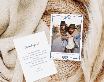 Wedding Thank you photo card template, hand drawn bow wedding keepsake, double sided personalized letter, whimsical funky AA059