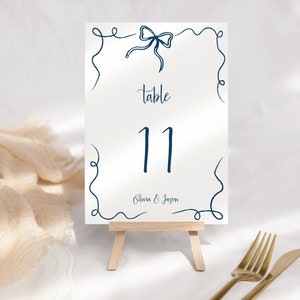 Table numbers template , Whimsical bow, hand drawn ribbon, funky table card, wedding reception table decor,