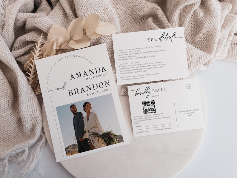May include: Wedding invitation with a black and white design. The invitation features a photo of a couple, the names Amanda Davenport and Brandon Samuelsson, and the text "Please join us for the wedding of".