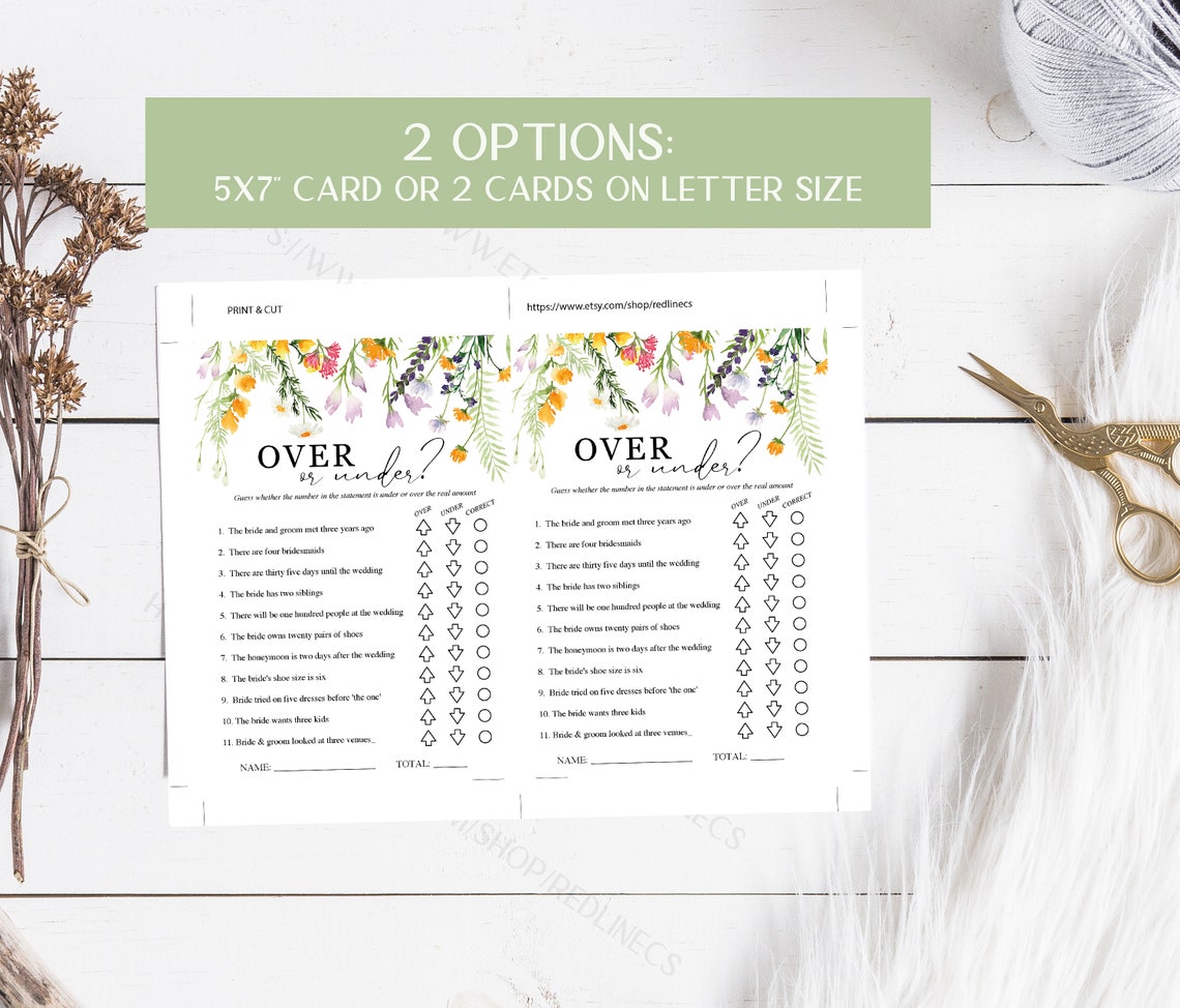 Over or Under Bridal Shower Game Printable Wedding Shower - Etsy