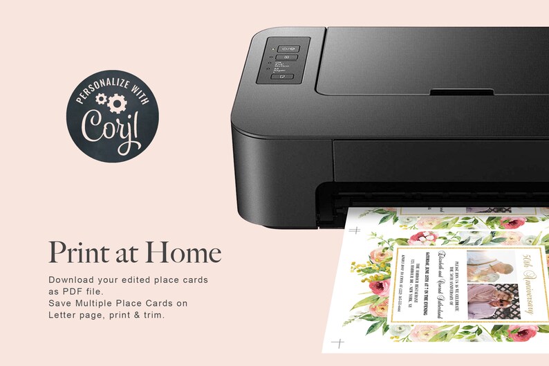 May include: A black printer with a sheet of paper coming out of it. The paper has a floral design and text that says "50th Anniversary". The text "Print at Home" is visible below the printer.