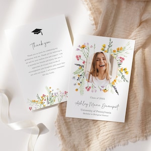 Graduation Thank You Card, Graduation Thank you template, Class of 2024, Graduate Hat, wildflowers Thank You Note, Editable