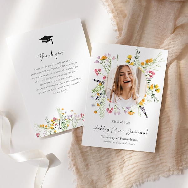 Graduation Thank You Card, Graduation Thank you template, Class of 2024, Graduate Hat, wildflowers Thank You Note, Editable