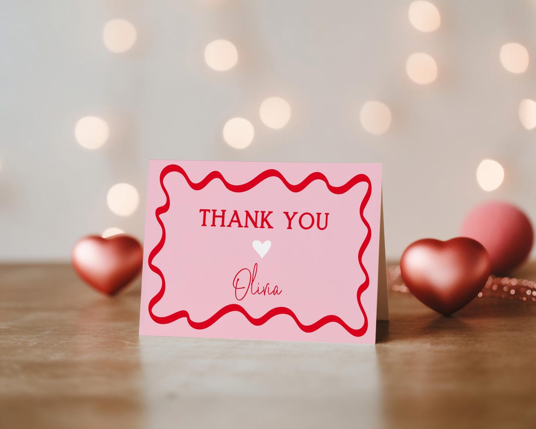Pink and Red Wavy Thank You Card Template, Foldable Printable Thank You ...