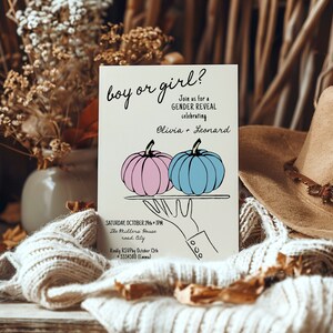 Invito Baby Shower maschio o femmina zucca template, stile parigino, stile francese, a mano libera, gender reveal AA078