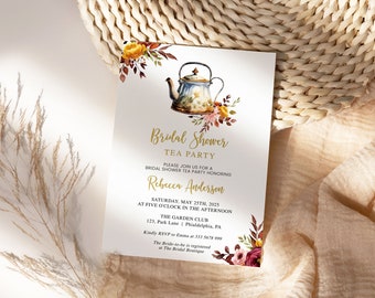 Bridal Shower Tea Party Invitation Template, Printable Bridal Tea Shower Invite, Bridal Brunch, autumn flowers vintage teapot AA018