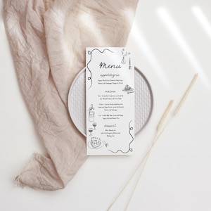 May include: A black and white menu with handwritten text and illustrations. The menu includes appetizers, mains, and dessert. The text reads "Menu", "Appetizers", "Mains", and "Dessert".