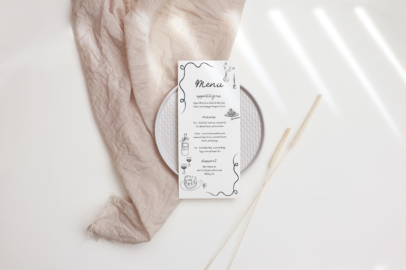 May include: A black and white menu with handwritten text and illustrations. The menu includes appetizers, mains, and dessert. The text reads "Menu", "Appetizers", "Mains", and "Dessert".