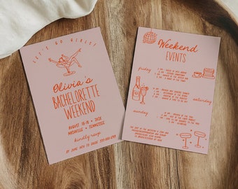 Retro Bachelorette weekend Invitation and Itinerary Template, Cocktail Bachelorette Party Invite, Vintage hand drawn, editable AA059