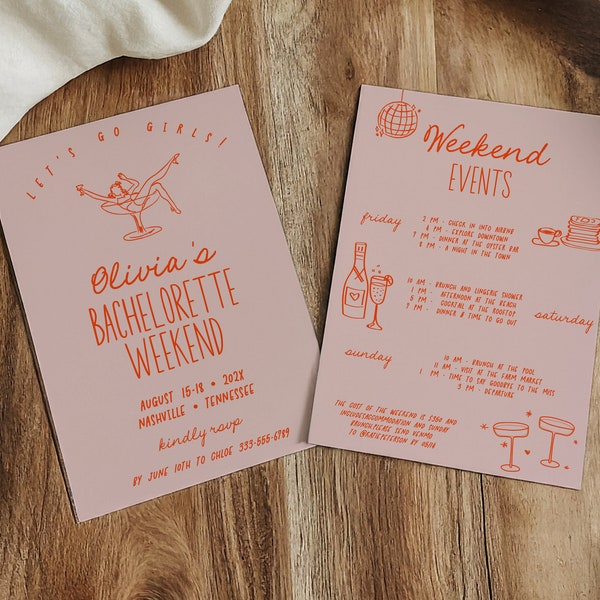 Retro Bachelorette weekend Invitation and Itinerary Template, Cocktail Bachelorette Party Invite, Vintage hand drawn, editable AA059