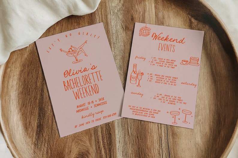 Retro Bachelorette weekend Invitation and Itinerary Template, Cocktail Bachelorette Party Invite, Vintage hand drawn, editable AA059 image 1