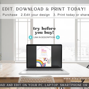 May include: A laptop computer displaying a printable unicorn birthday invitation with a rainbow and the text "Olivie is turning 5!" The invitation is on a white background with pink, blue, and yellow accents. The laptop is on a wooden table with a white tray and a green plant on the table.