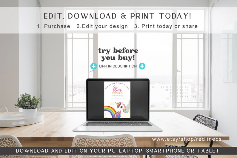 May include: A laptop computer displaying a printable unicorn birthday invitation with a rainbow and the text "Olivie is turning 5!" The invitation is on a white background with pink, blue, and yellow accents. The laptop is on a wooden table with a white tray and a green plant on the table.