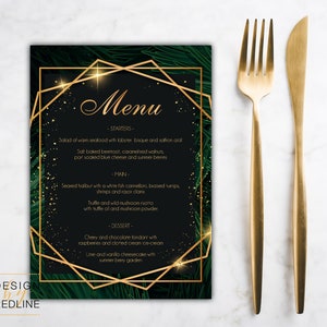 Eleganckie menu do druku, karta menu w kolorze dżungli, złoto i czerń z tropikalnymi liśćmi, edytowalny szablon na wesele lub przyjęcie, do natychmiastowego pobrania