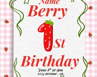 Berry 1st Birthday Invitation , Digital invitation, Instant Download