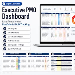 Può includere: Un modello Excel di dashboard PMO esecutiva per il monitoraggio di portafoglio e RAID visualizzato su uno schermo di un portatile. L'interfaccia presenta riepiloghi di progetto, grafici di distribuzione RAG e di stato, e approfondimenti.
