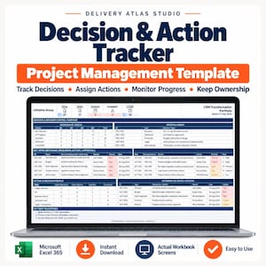 Decision & Action Tracker Excel Template | Executive Dashboard, Approval Log, PMO Project Management