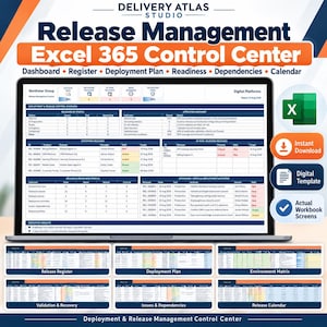 Puede incluir: Un panel de control digital Release Management Excel 365 Control Center en la pantalla de una computadora portátil. La interfaz muestra tablas de despliegue, estado de versiones y perfiles de preparación. Seis miniaturas muestran pestañas adicionales: Release Register, Deployment Plan, Environment Matrix, Validation and Recovery, Issues and Dependencies y Release Calendar.