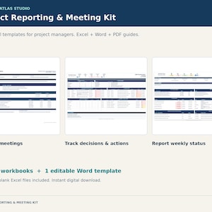 May include: A digital project reporting and meeting kit featuring three templates for project managers. The kit includes four Excel workbooks and one editable Word template, with text reading Delivery Atlas Studio Project Reporting & Meeting Kit.