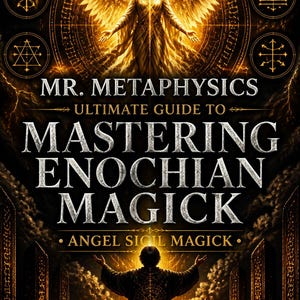 May include: A book cover titled MR. METAPHYSICS ULTIMATE GUIDE TO MASTERING ENOCHIAN MAGICK ANGEL SIGIL MAGICK BY BENJAMIN DRAKE. The cover features a glowing golden angel with wings spread above a figure in a robe standing before stone pillars.