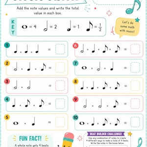 Hoja de trabajo de matemáticas musicales / Actividad de valores de notas rítmicas / Material imprimible para primaria / Recurso para profesores de música