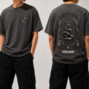 Może przedstawiać: Ciemnoszary t-shirt z krótkim rękawem z małą grafiką zwiniętego węża na lewej piersi. Z tyłu znajduje się duża, szczegółowa ilustracja węża w ozdobnej ramie, napis SERPENTES oraz Noctis Herbarium.