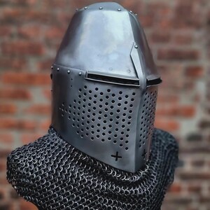 German bascinet with the triangle visor and “splitvisor” attachment. Helmet With Chainmail | 18 Gauge