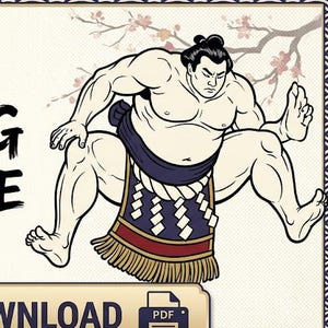 Könnte beinhalten: Ein digitales Malbuch-Cover mit dem Titel SUMO COLORING ADVENTURE 15 Unique Pages. Die Grafik zeigt eine schwarze Tuschezeichnung eines Sumoringers in einem traditionellen Mawashi-Gürtel vor einem cremefarbenen Hintergrund mit Kirschblütenzweigen.