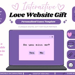 May include: A digital Canva template for an interactive love website gift featuring a purple laptop graphic with a pop-up window displaying the text Do you miss me? with Yes and No buttons. The design includes various purple text boxes and icons.