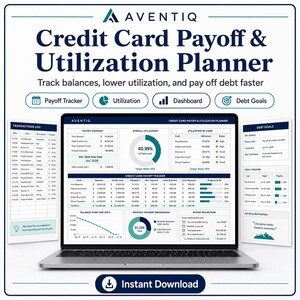 May include: A laptop displaying the Aventiq Credit Card Payoff & Utilization Planner, featuring a dashboard with a payoff summary, utilisation charts, and a transaction log. The screen shows data tables, progress bars, and financial projections for debt management.
