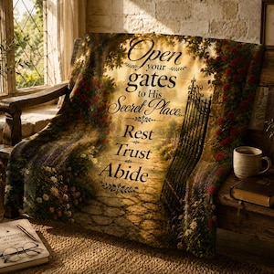 May include: A rectangular throw blanket featuring a printed garden scene with an ornate iron gate, climbing red roses, and a stone path. The text reads: Open your gates to His Secret Place... Rest Trust Abide. The blanket is draped over a wooden bench.