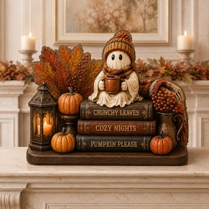 Può includere: Una decorazione da tavolo con una statuetta di fantasma che indossa un berretto e una sciarpa in maglia, mentre tiene in mano una tazza. È posizionata sopra tre libri impilati intitolati Crunchy Leaves, Cozy Nights e Pumpkin Please, circondata da zucche, una lanterna e fogliame autunnale.