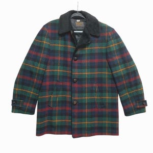 Pendleton Mantel Herren L Grün Rot Wolle Kunstpelzkragen Gesteppt Gefüttert 1950er Jahre