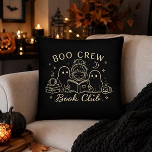 Halloween Book Lover Pillow, Boo Crew Book Club Throw Pillow, Spooky Reading Pillow, Ghost Bookish Decor, Cozy Halloween Pillow