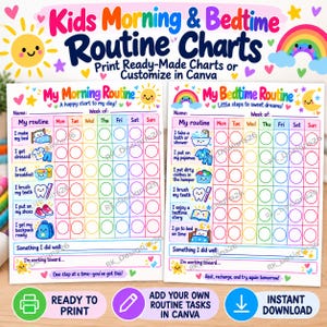 Op de afbeelding: Twee printbare routinekaarten voor kinderen met een ochtend- en avondschema. Elke kaart bevat een rooster voor de dagen van de week, kleurrijke iconen voor dagelijkse taken en secties voor notities. Het ontwerp bevat regenbogen en sterren.